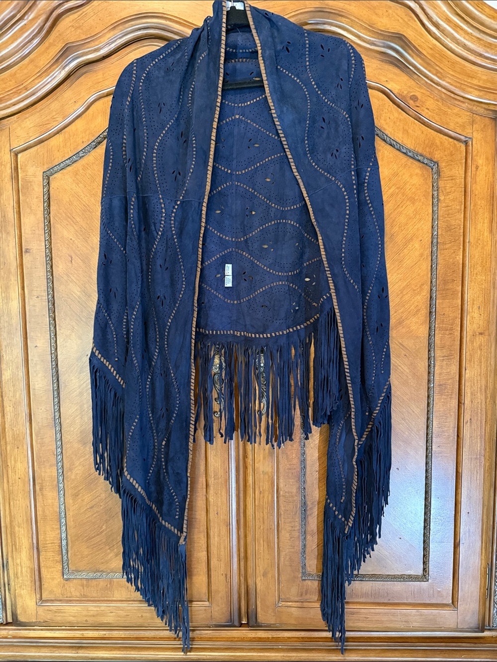 Navy Suede Fringe NWOT Open-Front Cape with Laser-Cut Detail